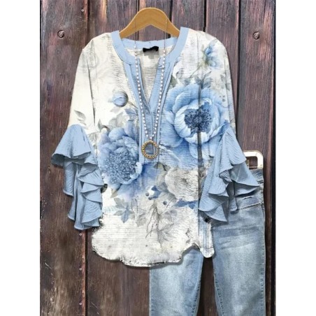 Women Floral Half Sleeve Shirt Summer Printing V Neck Daily Casual Top