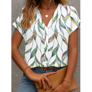 Women Floral Short Sleeve Shirt Summer Printing V Neck Daily Casual Top