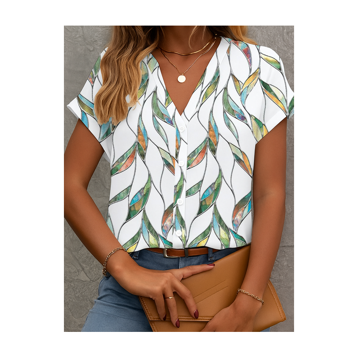 Women Floral Short Sleeve Shirt Summer Printing V Neck Daily Casual Top