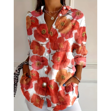 Women Floral Long Sleeve Shirt Spring/Fall Buckle Shirt Collar Daily Casual Top