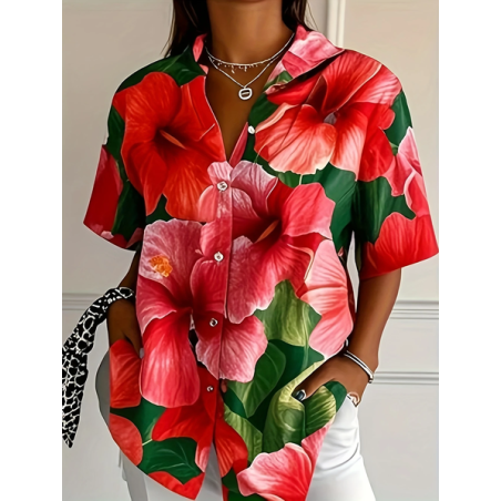 Women Floral Short Sleeve Shirt Summer Printing Shirt Collar Daily Casual Top