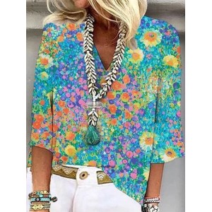 V Neck Vacation Floral Loose Blouse