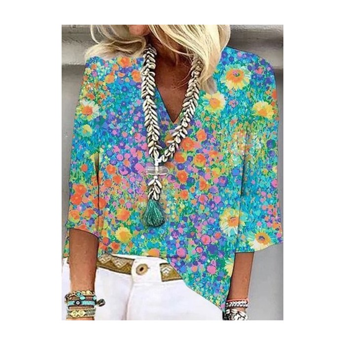 V Neck Vacation Floral Loose Blouse
