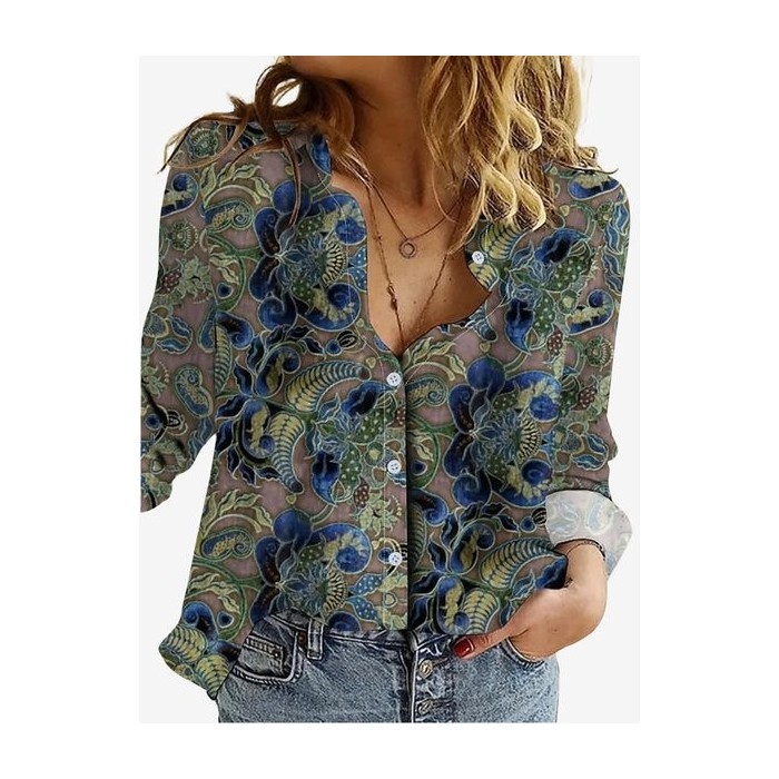 Women's Long Sleeve Shirt Spring/Fall Floral Shirt Collar Daily Going Out Casual Top