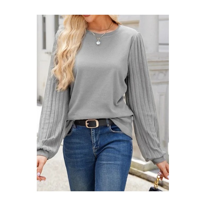 Women's Long Sleeve Blouse Spring/Fall Plain Crew Neck Balloon Sleeve Daily Going Out Casual Top