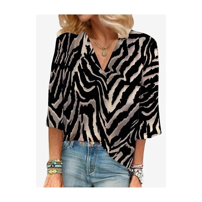 Women's Three Quarter Sleeve Blouse Spring/Fall Zebra V Neck Vacation Going Out Casual Top