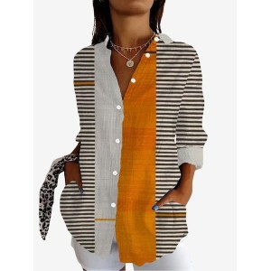 Women's Long Sleeve Shirt Spring/Fall Striped Shirt Collar Daily Going Out Casual Top