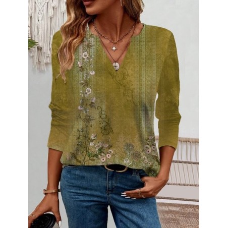 Women's Long Sleeve Blouse Spring/Fall Ethnic Jersey V Neck Daily Going Out Casual Top