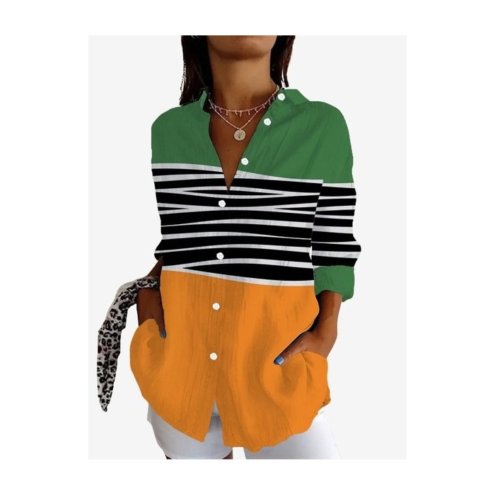 Women's Long Sleeve Shirt Spring/Fall Striped Shirt Collar Daily Going Out Casual Top