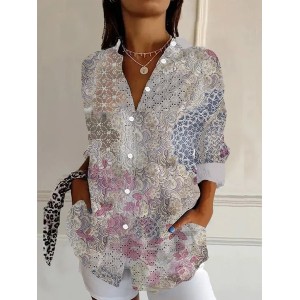 Women's Long Sleeve Shirt Spring/Fall Floral Shirt Collar Daily Going Out Casual Top