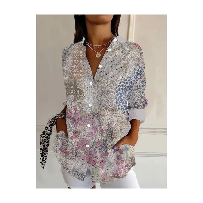 Women's Long Sleeve Shirt Spring/Fall Floral Shirt Collar Daily Going Out Casual Top