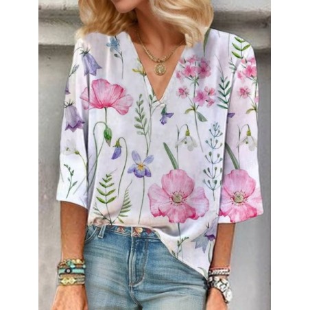 Women's Three Quarter Sleeve Blouse Spring/Fall Floral V Neck Daily Going Out Casual Top