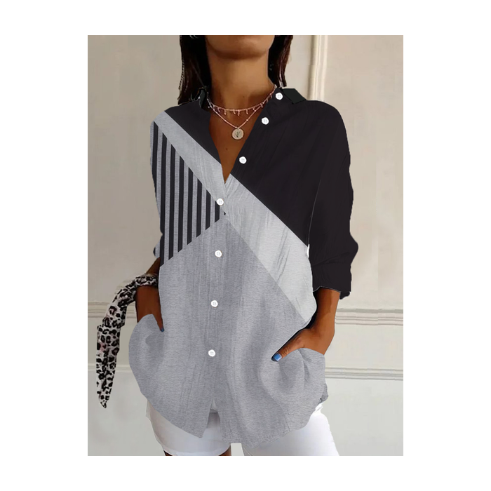 Women's Long Sleeve Shirt Spring/Fall Striped Buckle Shirt Collar Daily Going Out Casual Top