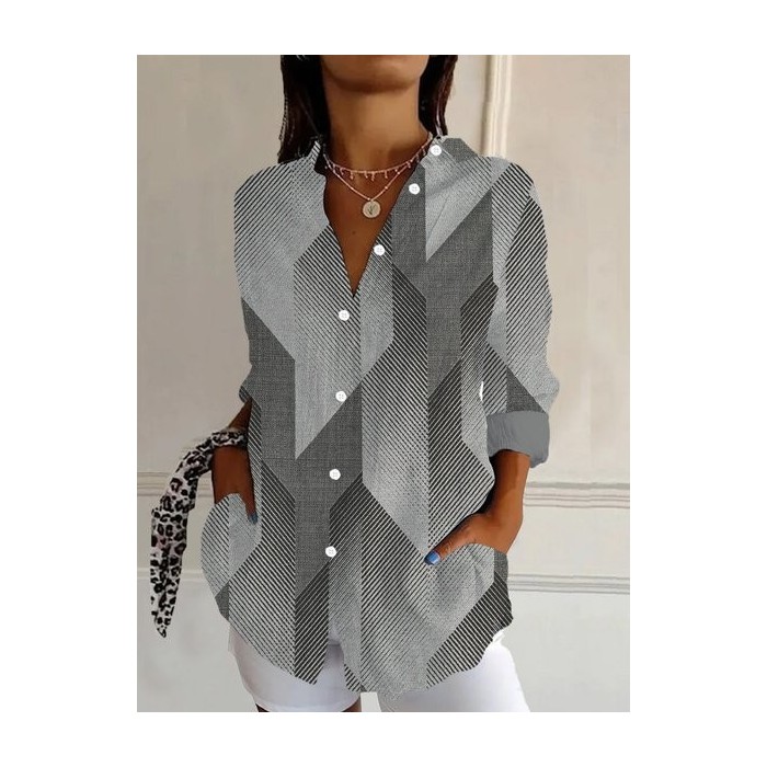 Women's Long Sleeve Shirt Spring/Fall Geometric Shirt Collar Daily Going Out Casual Top