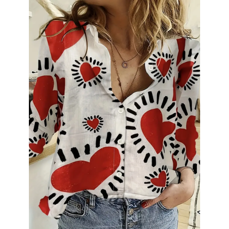 Women's Long Sleeve Shirt Spring/Fall Heart/Cordate Printing Shirt Collar Daily Going Out Casual Top