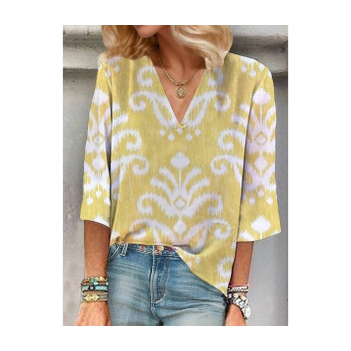 Women's Three Quarter Sleeve Blouse Spring/Fall Floral Printing V Neck Daily Going Out Casual Top