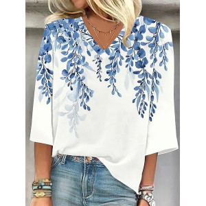 Women's Three Quarter Sleeve Blouse Spring/Fall Floral Printing V Neck Daily Going Out Casual Top