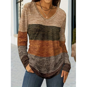 Women's Long Sleeve Blouse Spring/Fall Color Block Printing V Neck Holiday Going Out Casual Top