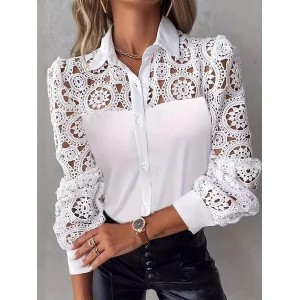 Women's Long Sleeve Shirt Spring/Fall Plain Lace Shirt Collar Daily Going Out Casual Top