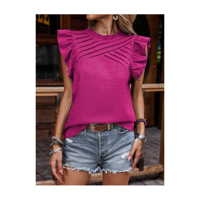 Women's Plain Cap Sleeve Shirt Summer Shirred Lotus Leaf Collar Daily Casual Top