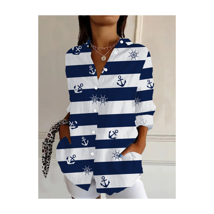 Women's Striped Long Sleeve Shirt Spring/Fall Buckle Shirt Collar Daily Casual Top