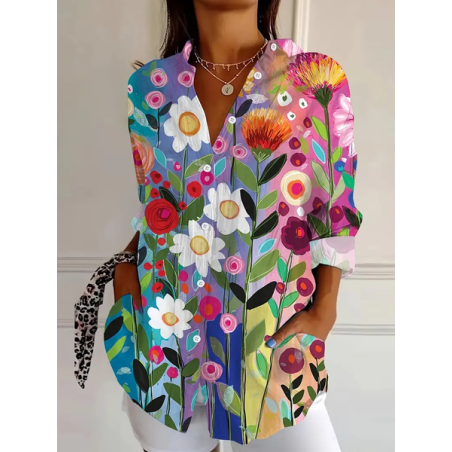 Women's Floral Long Sleeve Shirt Spring/Fall Buckle Shirt Collar Daily Casual Top