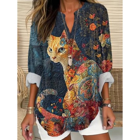 Women's Long Sleeve Shirt Spring/Fall Cat V Neck Daily Going Out Casual Top