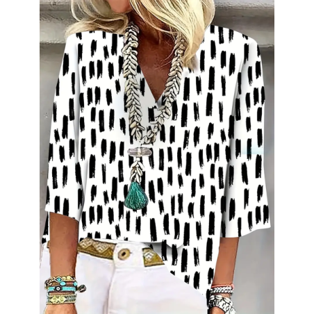 Women's Geometric Three Quarter Sleeve Blouse_ Spring/Fall Printing V Neck Daily Casual Top