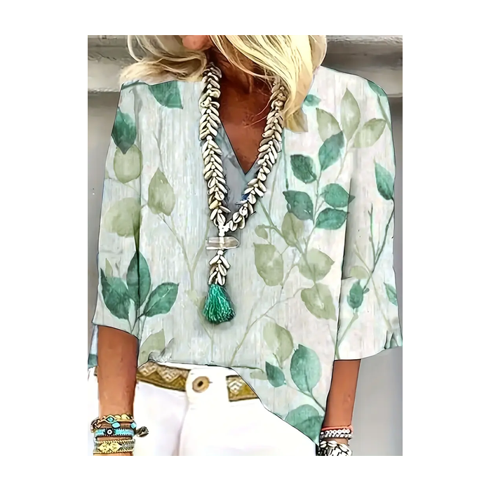 Women's Floral Three Quarter Sleeve Blouse_ Spring/Fall Printing V Neck Daily Casual Top