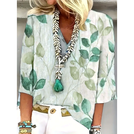 Women's Floral Three Quarter Sleeve Blouse_ Spring/Fall Printing V Neck Daily Casual Top