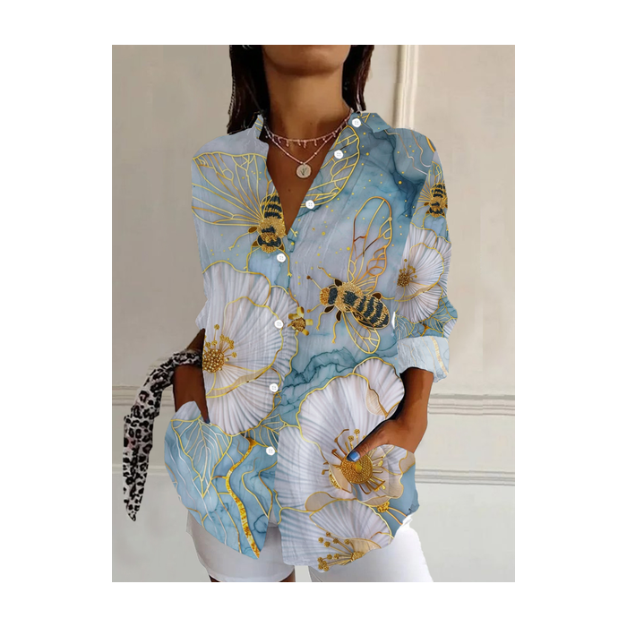 Women's Floral Long Sleeve Shirt Spring/Fall Buckle Shirt Collar Daily Casual Top