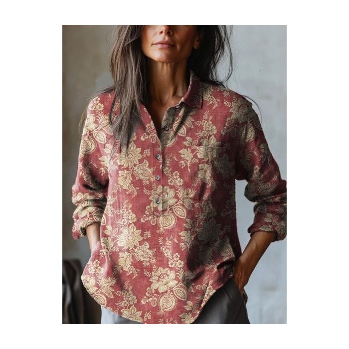 Women's Floral Long Sleeve Shirt Spring/Fall Henley Collar Daily Vintage Top