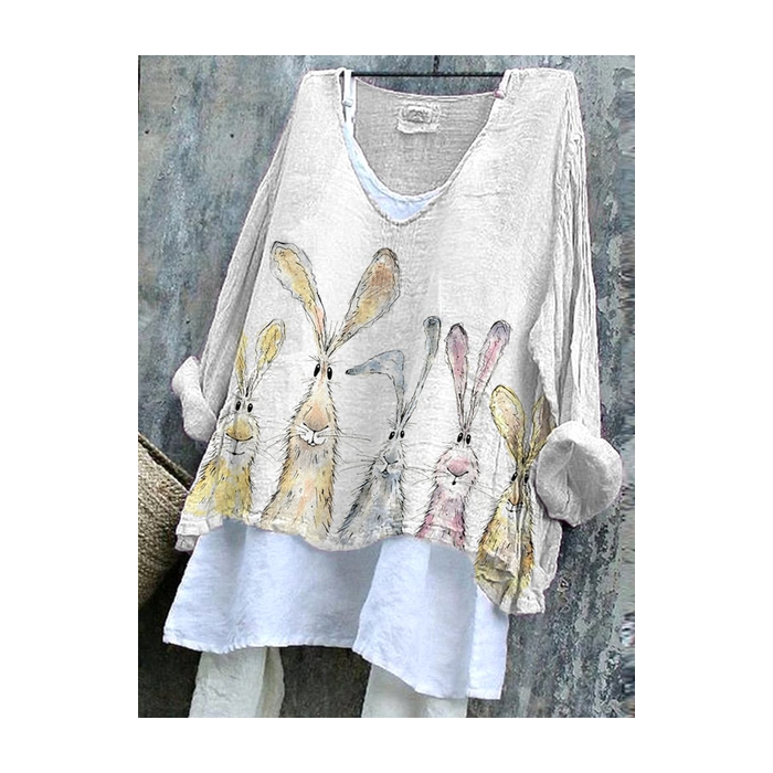 Women's Easter (rabbit) Long Sleeve Blouse_ Spring/Fall Printing V Neck Daily Casual Top
