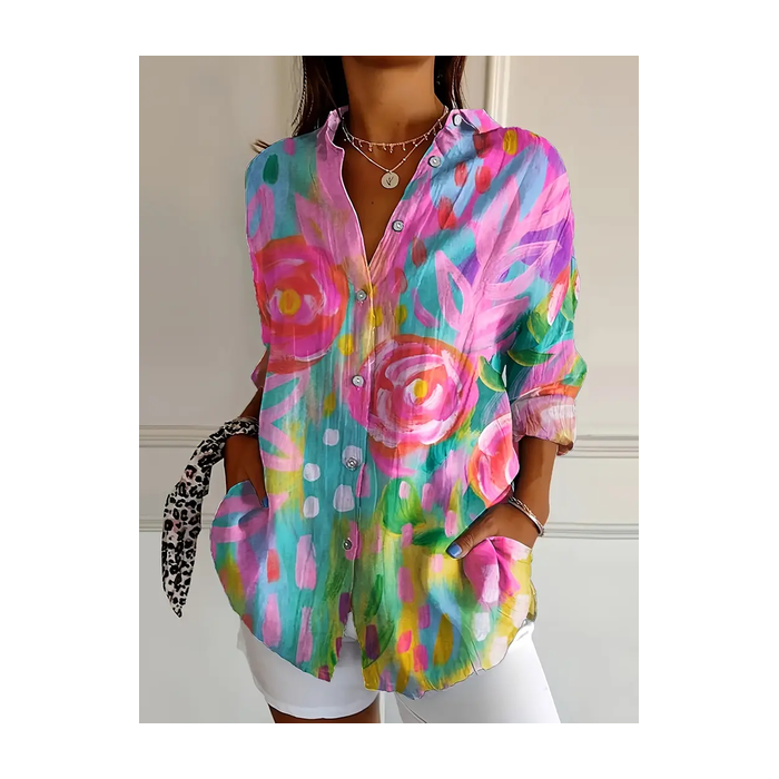 Women's Floral Long Sleeve Shirt Spring/Fall Buckle Shirt Collar Daily Casual Top