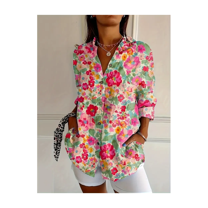 Women's Floral Long Sleeve Shirt Spring/Fall Buckle Shirt Collar Daily Casual Top