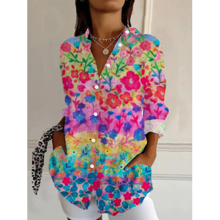 Women's Floral Long Sleeve Shirt Spring/Fall Buckle Shirt Collar Daily Casual Top