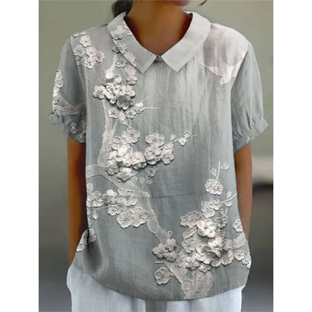 Women Floral Short Sleeve Shirt Summer Printing Shawl Collar Daily Casual Top