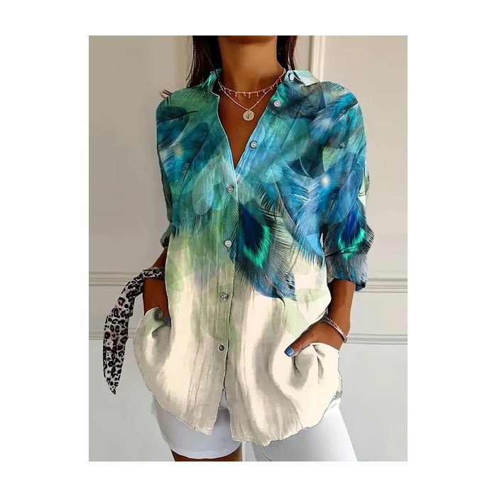 Women Feather Long Sleeve Shirt Spring/Fall Buckle Shirt Collar Daily Casual Top