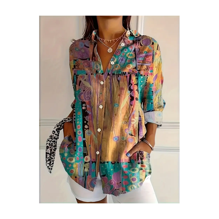 Women Abstract Long Sleeve Shirt Spring/Fall Buckle Shirt Collar Daily Casual Top