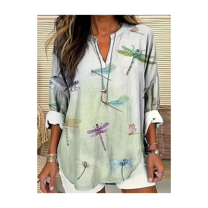 Women Dragonfly Long Sleeve Blouse Spring/Fall Printing V Neck Daily Casual Top