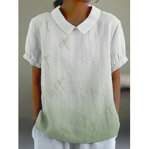 Women Dragonfly Short Sleeve Shirt Summer Shawl Collar Daily Casual Top
