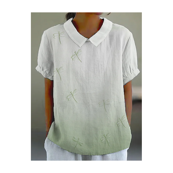 Women Dragonfly Short Sleeve Shirt Summer Shawl Collar Daily Casual Top