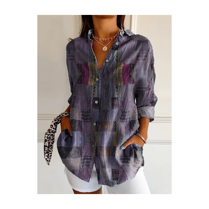 Women Geometric Long Sleeve Shirt Spring/Fall Buckle Shirt Collar Daily Casual Top