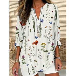 Women Floral Long Sleeve Blouse Spring/Fall Printing V Neck Daily Casual Top