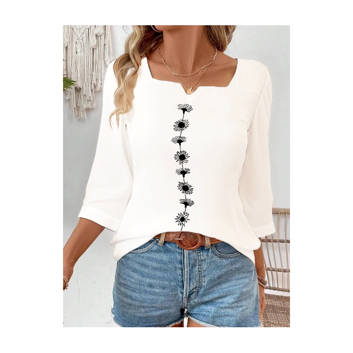 Women Floral Three Quarter Sleeve Blouse Spring/Fall Printing Notched Daily Casual Top