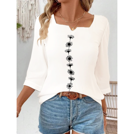 Women Floral Three Quarter Sleeve Blouse Spring/Fall Printing Notched Daily Casual Top