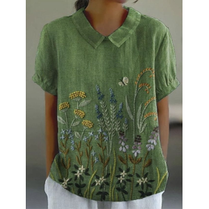 Women Floral Short Sleeve Shirt Summer Printing Shawl Collar Daily Casual Top