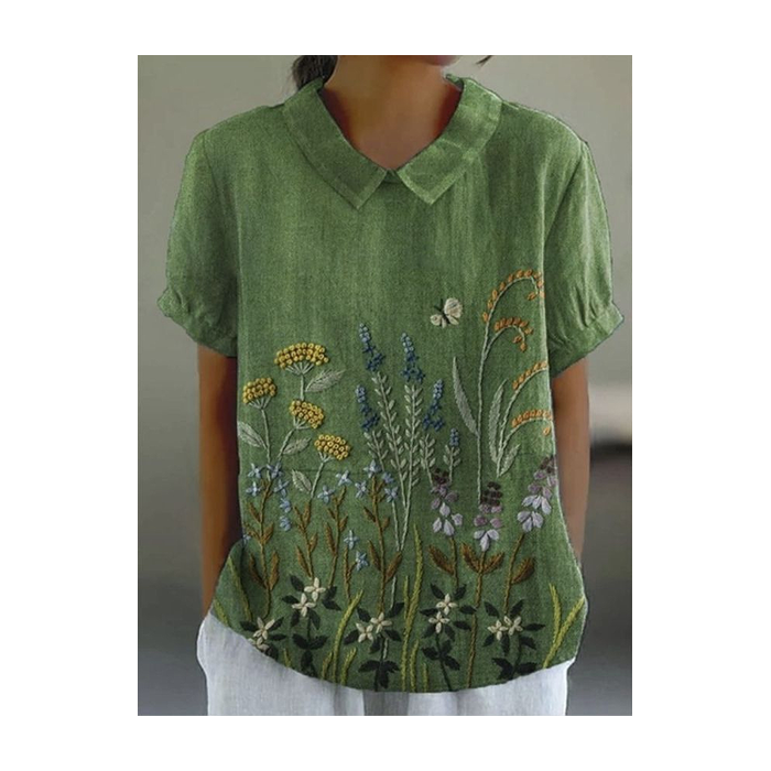 Women Floral Short Sleeve Shirt Summer Printing Shawl Collar Daily Casual Top