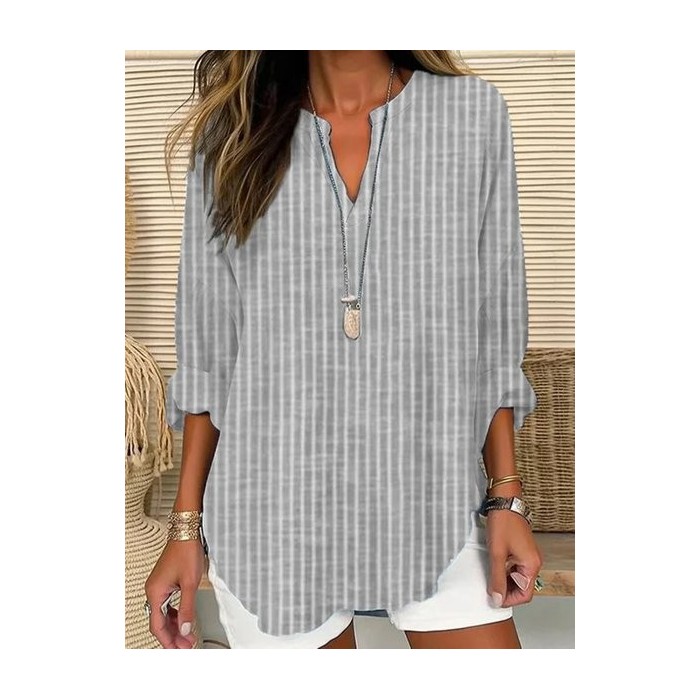 Women Striped Long Sleeve Blouse Spring/Fall Printing V Neck Daily Casual Top
