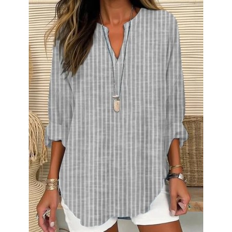 Women Striped Long Sleeve Blouse Spring/Fall Printing V Neck Daily Casual Top